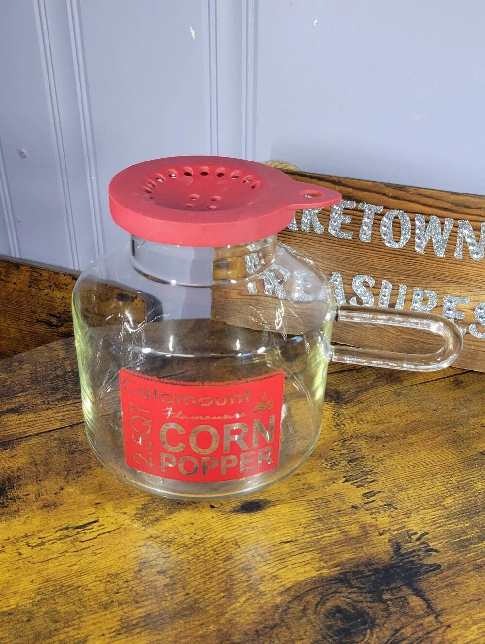 Vintage Catamount Microwave Corn Popper Glass  Popcorn Maker - Red Accents